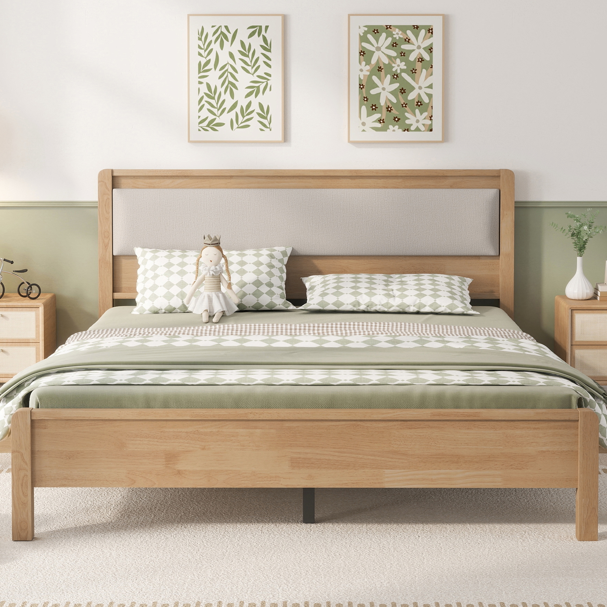 Queen Size Solid Rubber Wooden Bed With Upholstered Headboard
