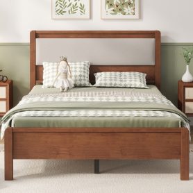 Full Size Solid Rubber Wooden Bed With Upholstered Headboard