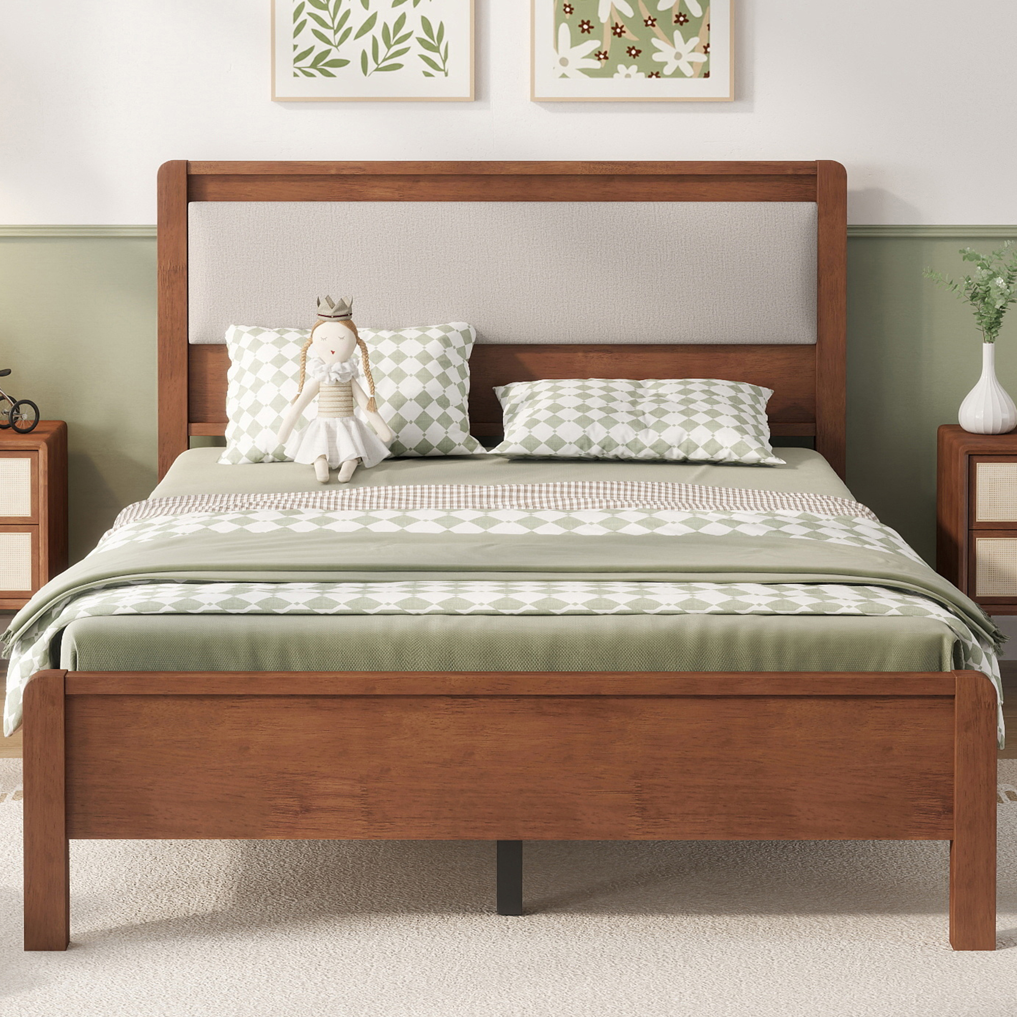 Full Size Solid Rubber Wooden Bed With Upholstered Headboard