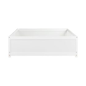 Full Size Rubber Wood Floor Bed with Guardrails, Built-in Book Rack, Door