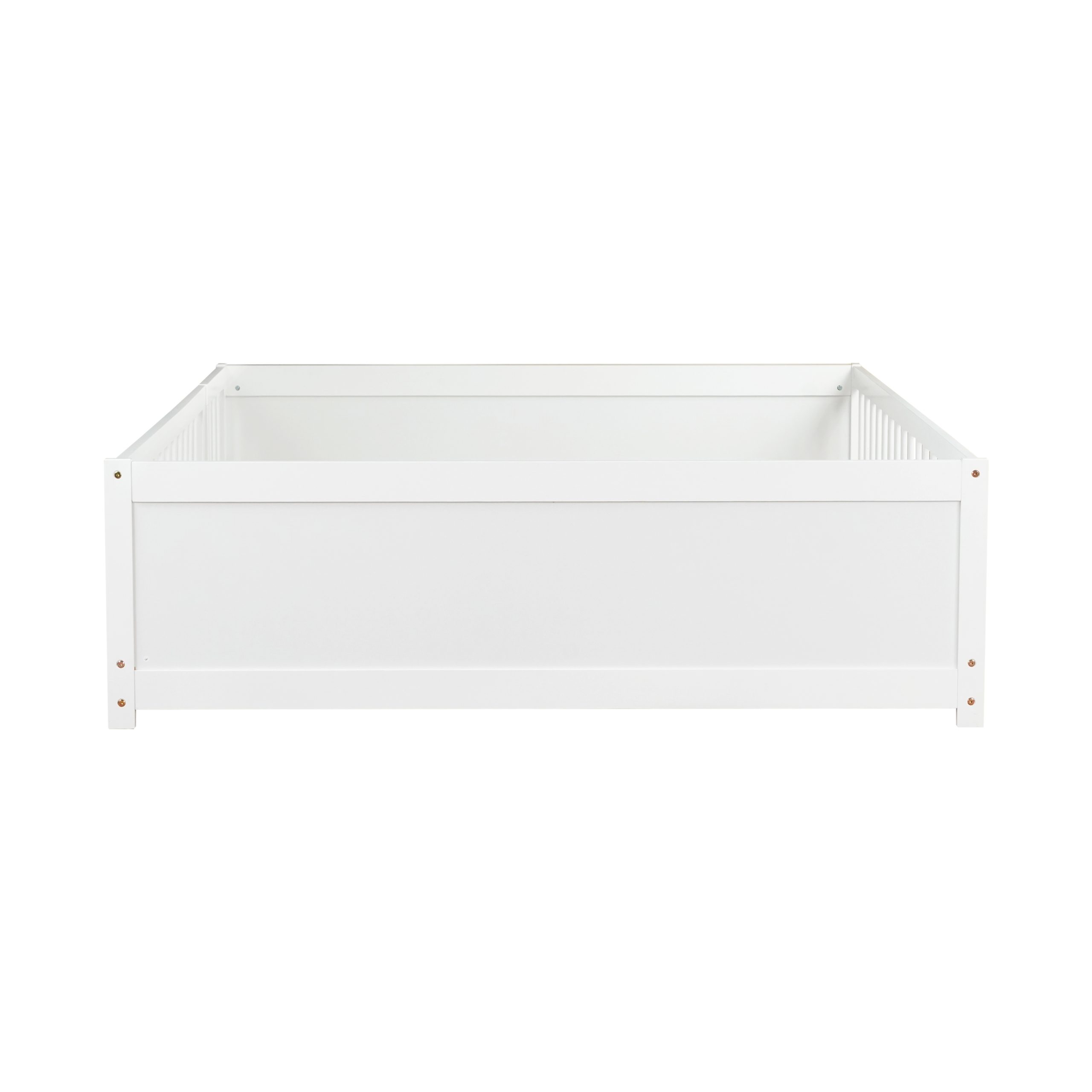 Full Size Rubber Wood Floor Bed with Guardrails, Built-in Book Rack, Door