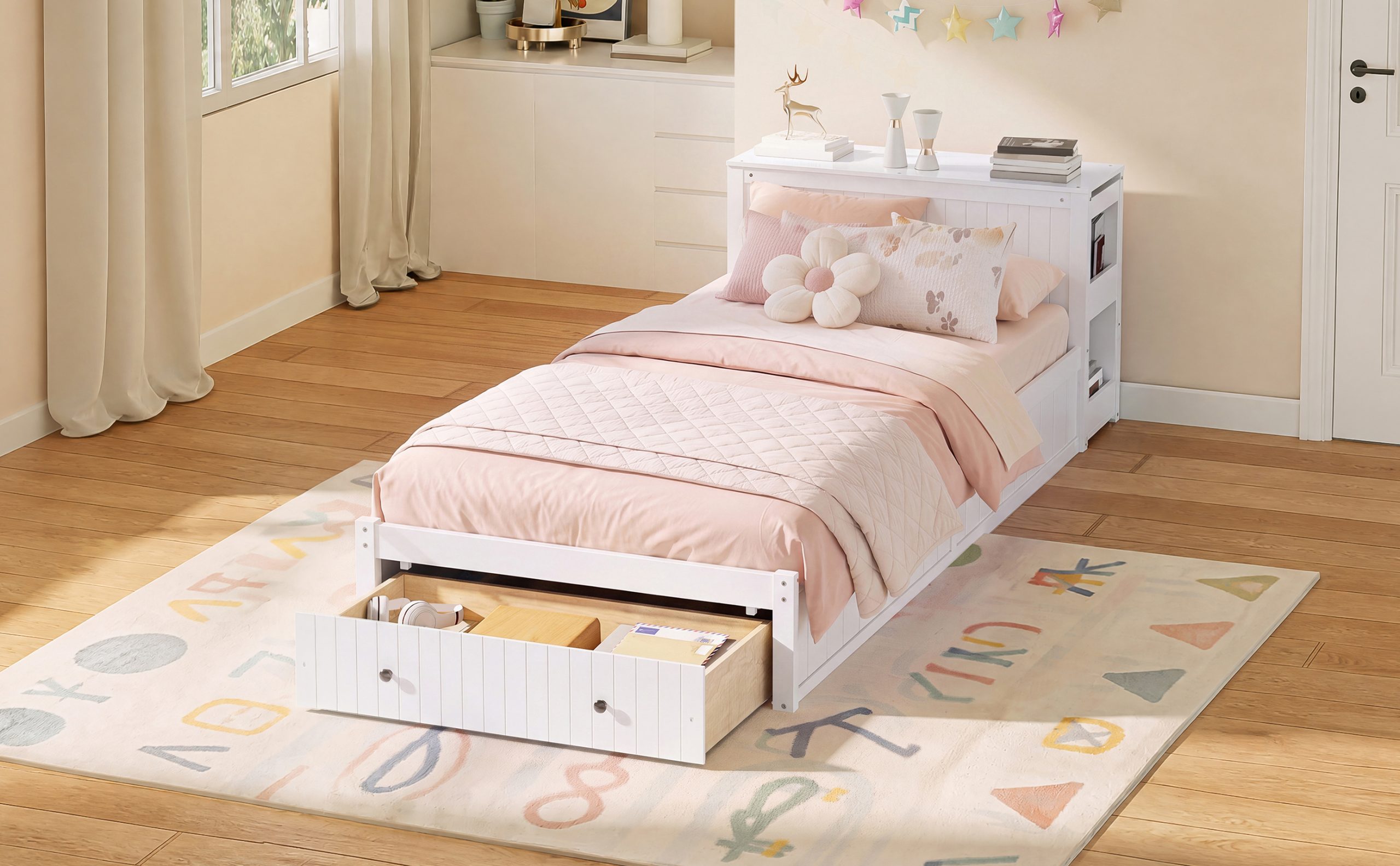 Twin Wood Bed Frame with wide Headboard, Footboard Drawers & Side Shelves