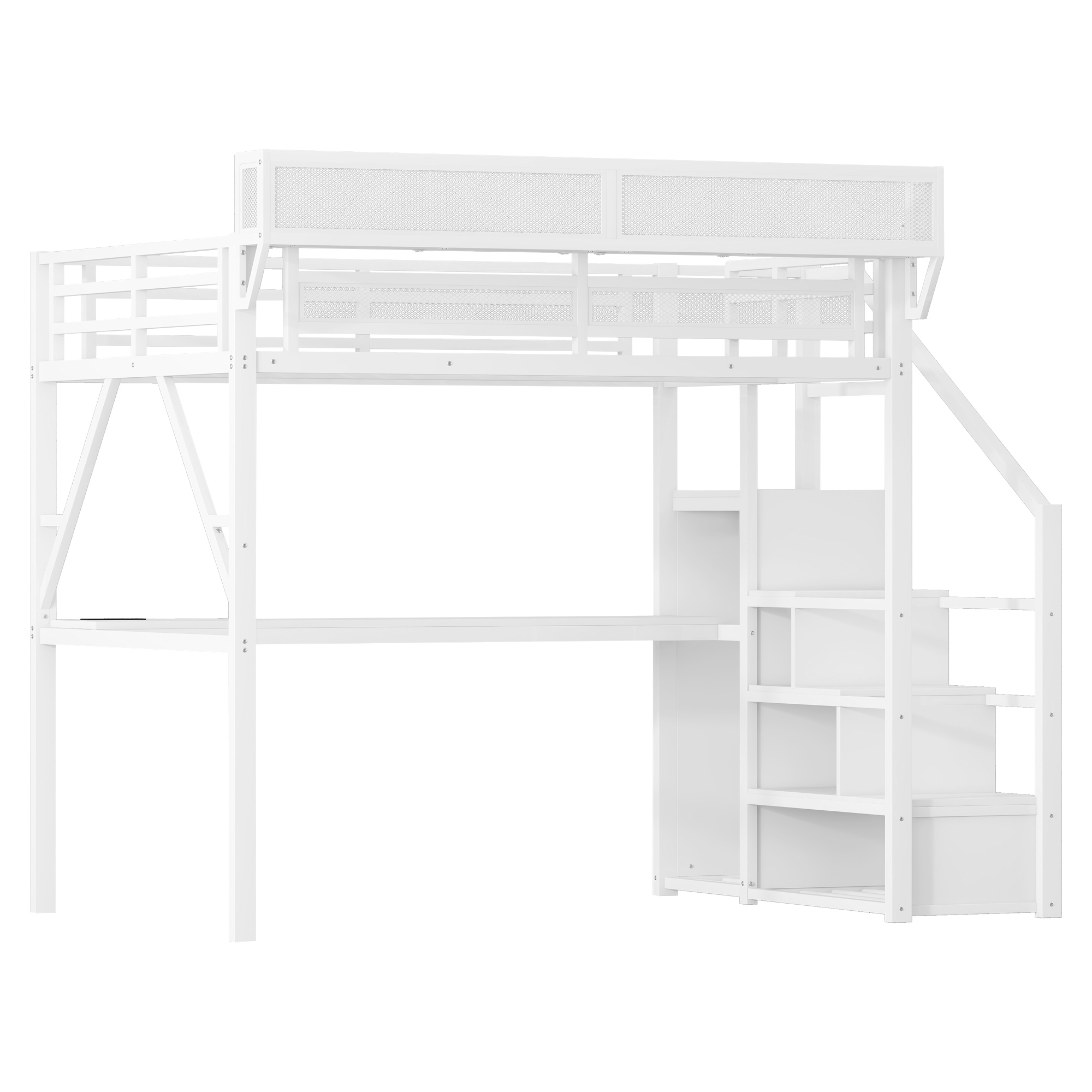 Metal Full Loft Bed With Desk, Charging Station, Stairs And Light
