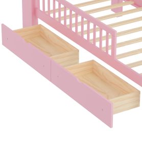 Twin Size Bed with Headboard Storage Rack, Two Under-Bed Drawers, Three-Side Guardrails for Safety and Securit