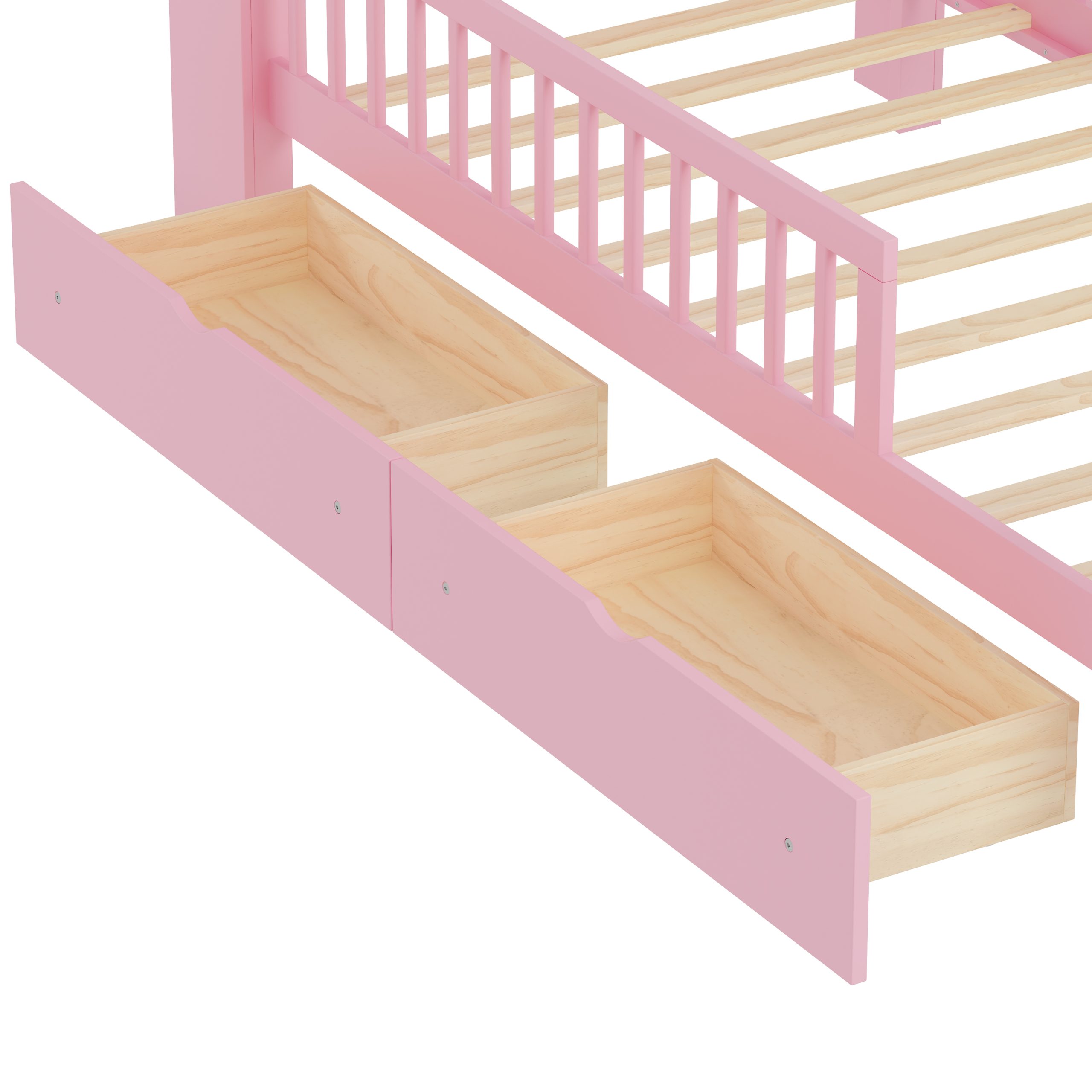 Twin Size Bed with Headboard Storage Rack, Two Under-Bed Drawers, Three-Side Guardrails for Safety and Securit
