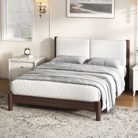 Wooden Platform Bed with PU Leather Headboard