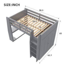 Full Size High Loft Bed with Built-in Desk, LED Lights, Storage Shelves & Double Door Wardrobe Closet