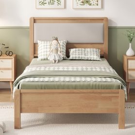 Twin Xl Size Solid Rubber Wooden Bed With Upholstered Headboard