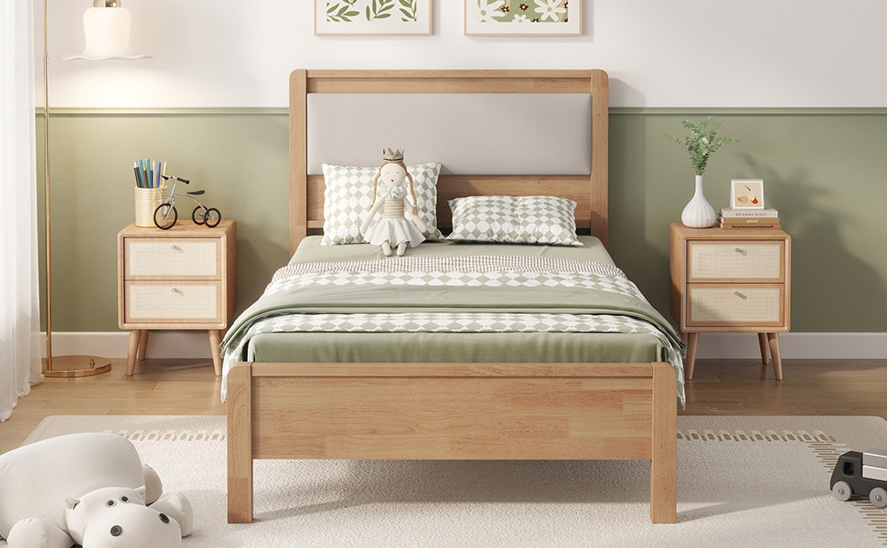 Twin Xl Size Solid Rubber Wooden Bed With Upholstered Headboard