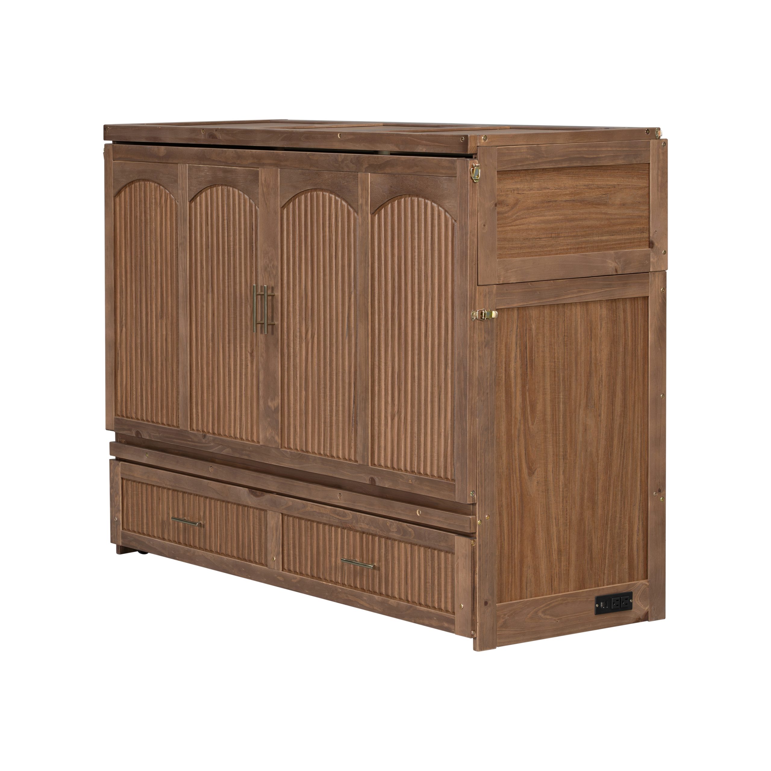 Pine Wood Cabinet Bed with Charging Station and Ripple Decoration Panels