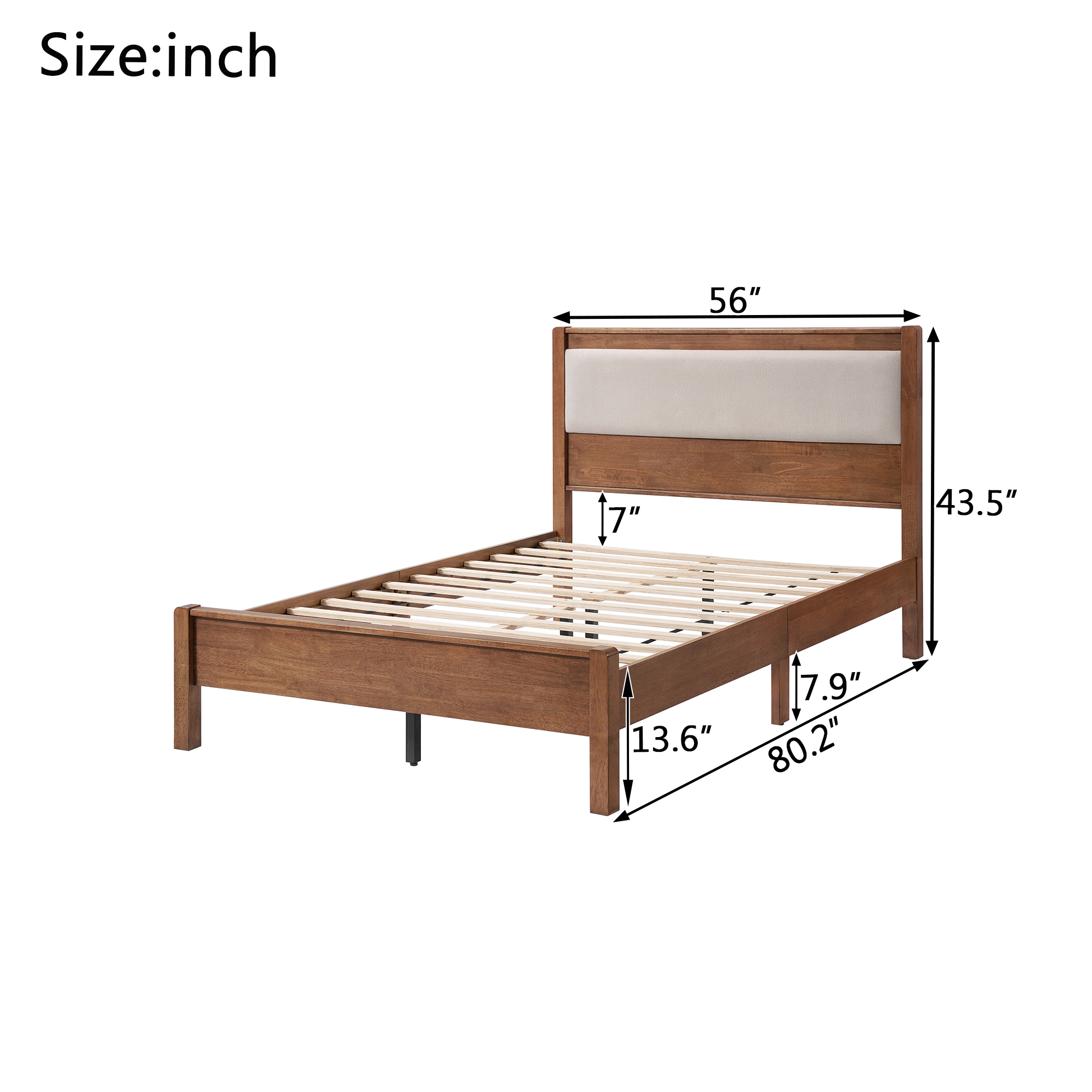 Full Size Solid Rubber Wooden Bed With Upholstered Headboard