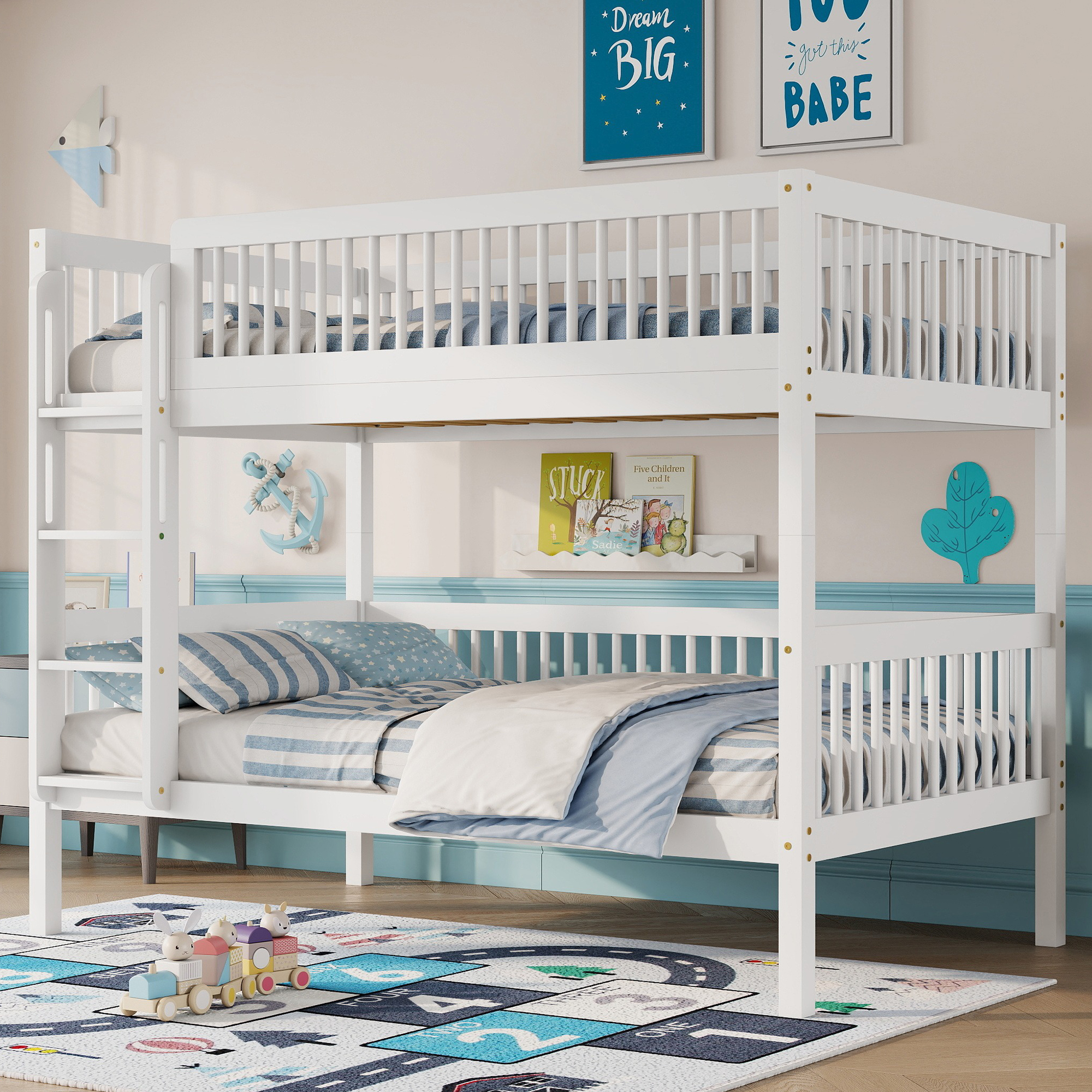 Twin Over Twin Pine Wood Bunk Bed With 2 Drawers, Convertible into 2 Twin Beds