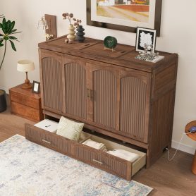 Pine Wood Cabinet Bed with Charging Station and Ripple Decoration Panels