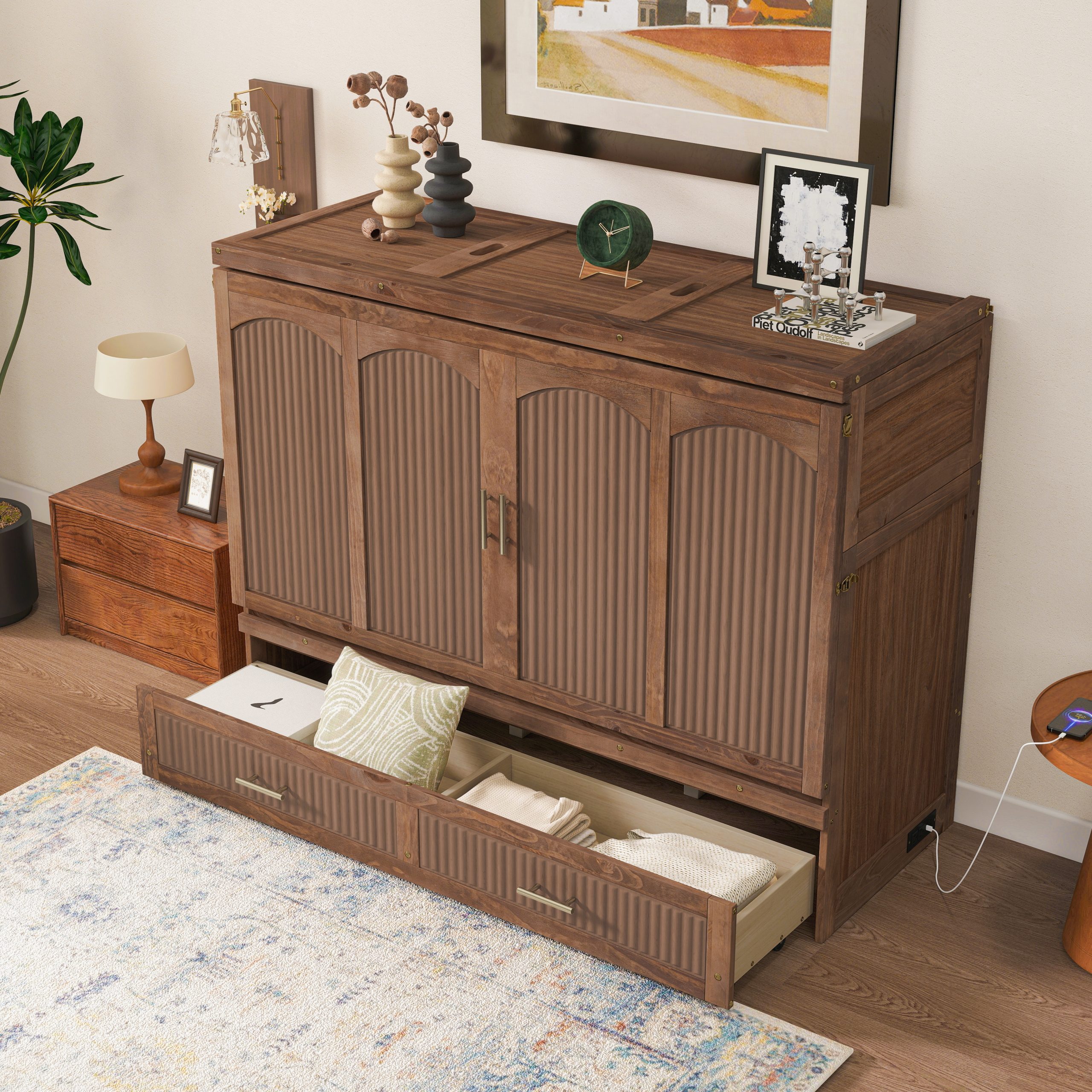 Pine Wood Cabinet Bed with Charging Station and Ripple Decoration Panels