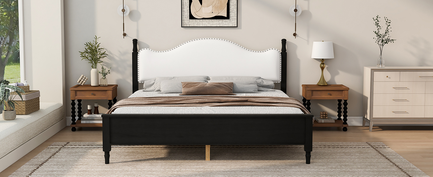 King Size Wood Platform Bed with Upholstered Headboard