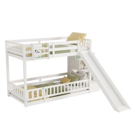 Twin Over Twin Bunk Bed With Slide, Storage Staircase, Bedside Storage Rack, LED Lights