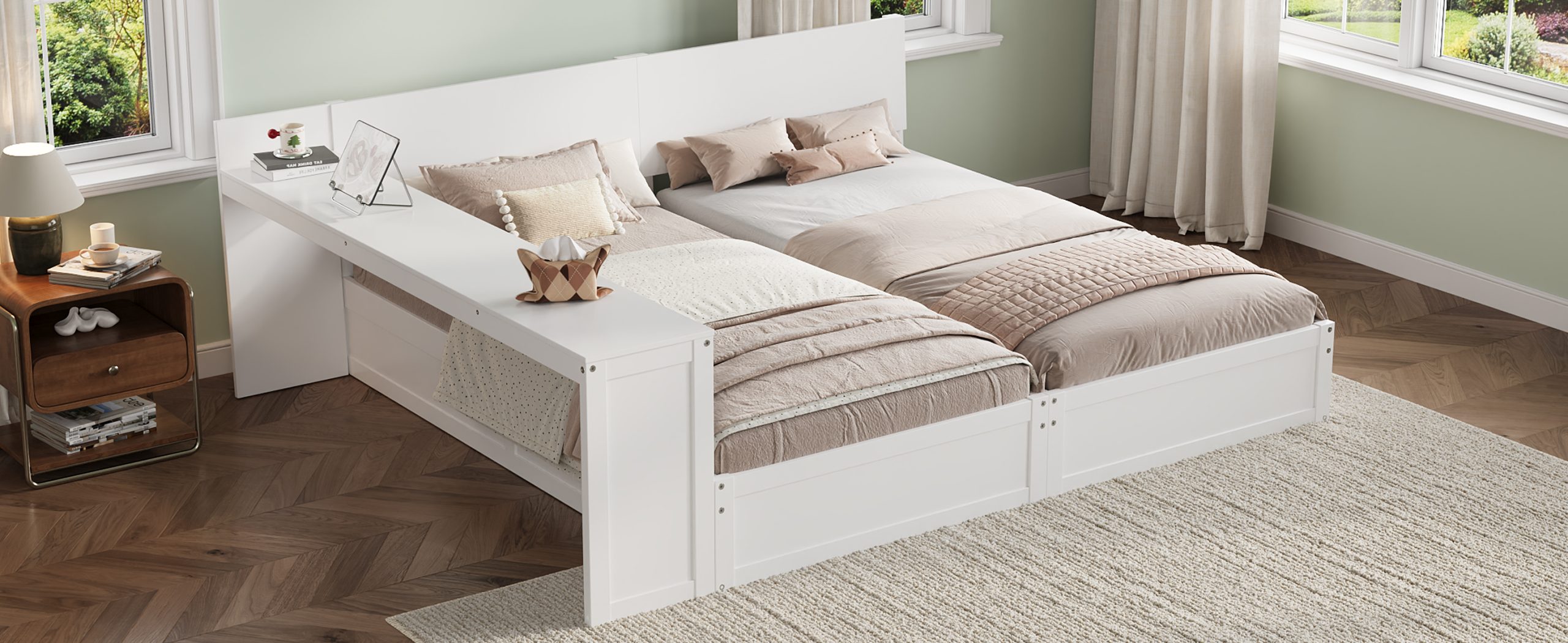 Twin Platform Bed Frame Set with Adjustable Storage Desk