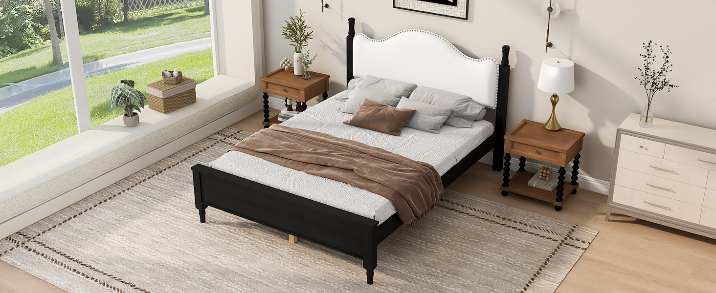 Queen Size Wood Platform Bed with Upholstered Headboard