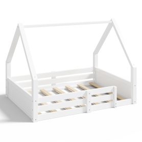 Full Size House Floor Wooden Bed with House Roof Frame, Fence Guardrails & Grooved Panel Design