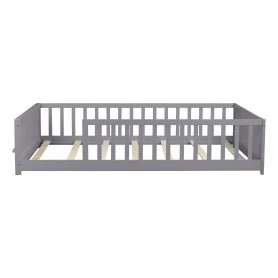 Full Size Rubber Wood Floor Bed with Guardrails, Built-in Book Rack