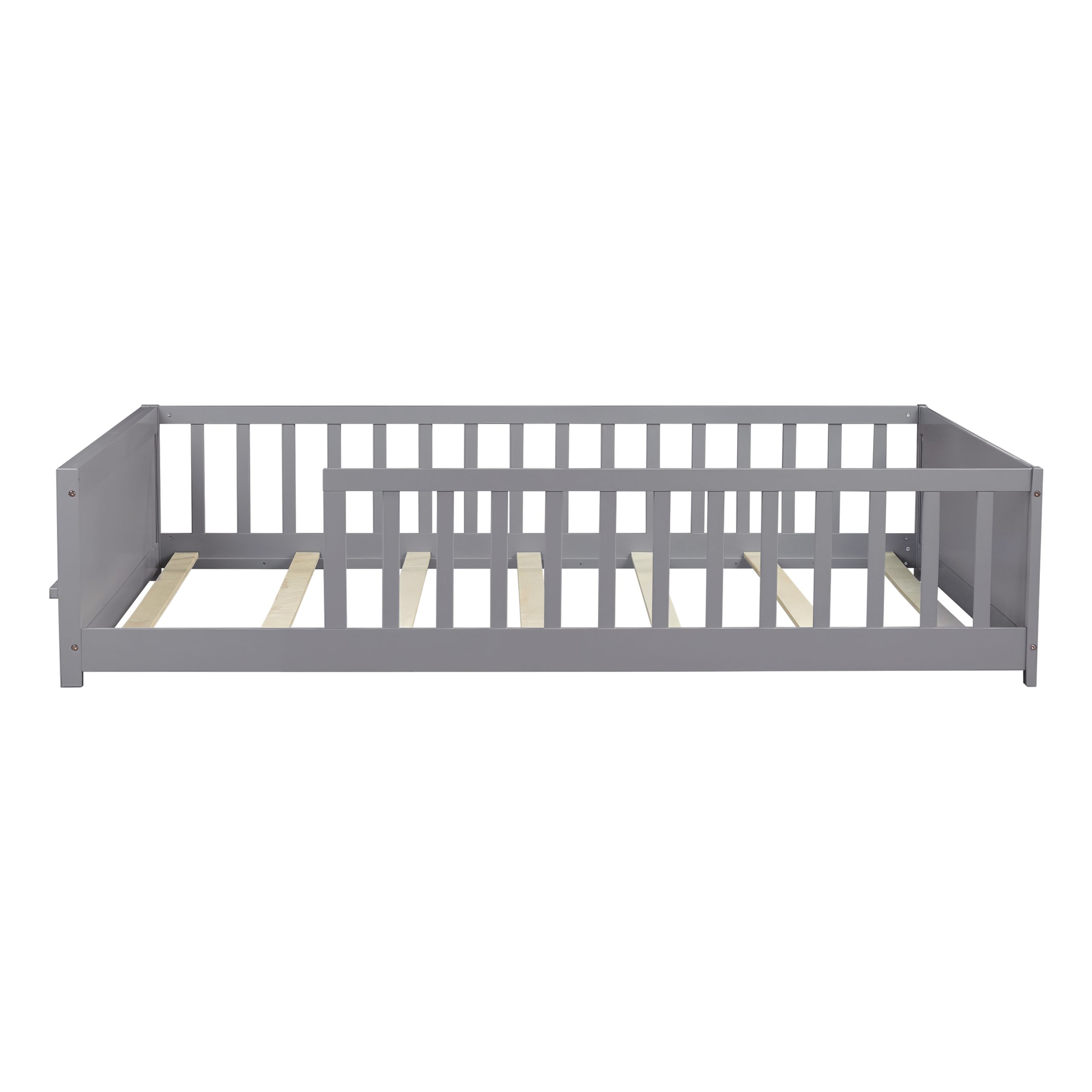 Full Size Rubber Wood Floor Bed with Guardrails, Built-in Book Rack