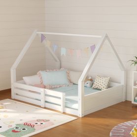 Full Size House Floor Wooden Bed with House Roof Frame, Fence Guardrails & Grooved Panel Design