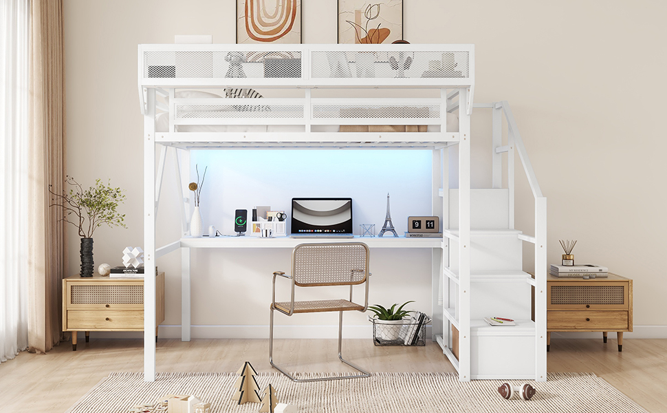 Metal Full Loft Bed With Desk, Charging Station, Stairs And Light