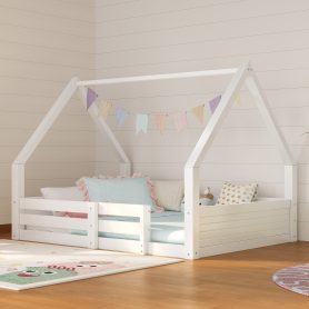 Full Size House Floor Wooden Bed with House Roof Frame, Fence Guardrails & Grooved Panel Design