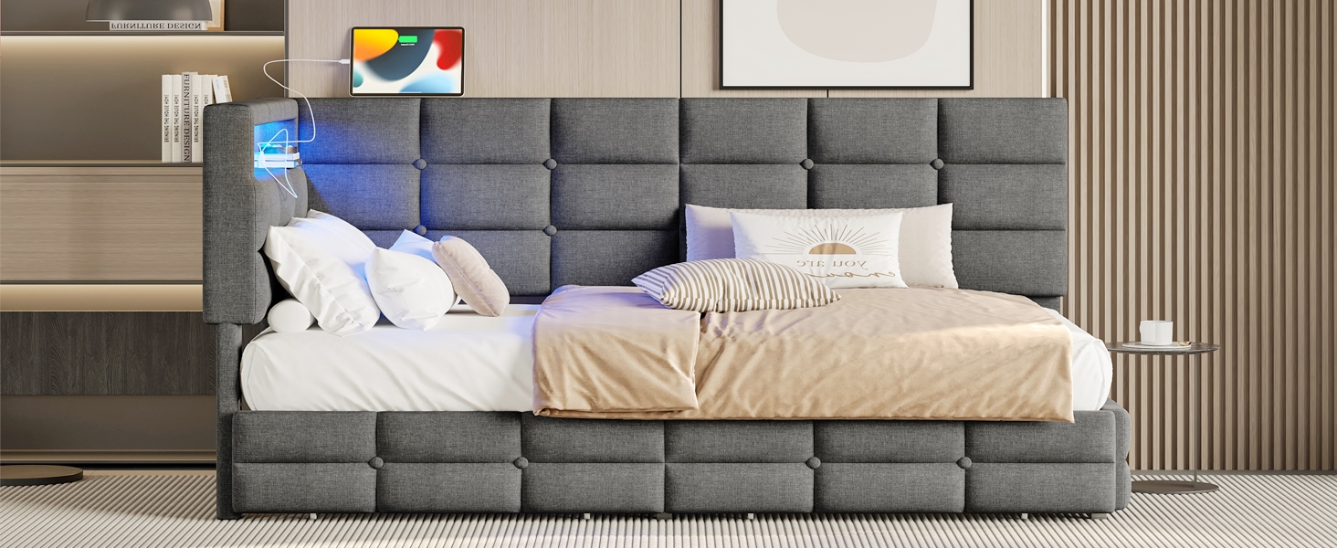 Upholstered Twin Size Daybed with Storage 2 Drawers and Charging Station