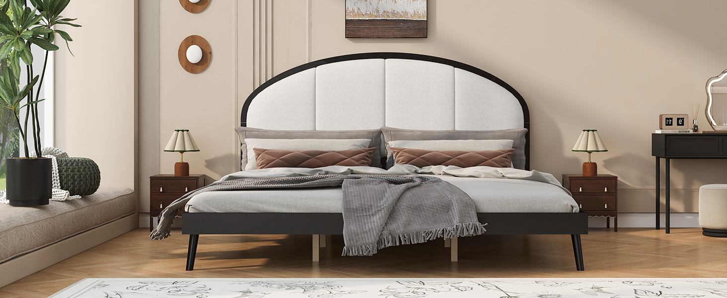 King Size Upholstered Platform Bed Frame With Linen Headboard