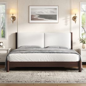 Wooden Platform Bed with PU Leather Headboard, King Size