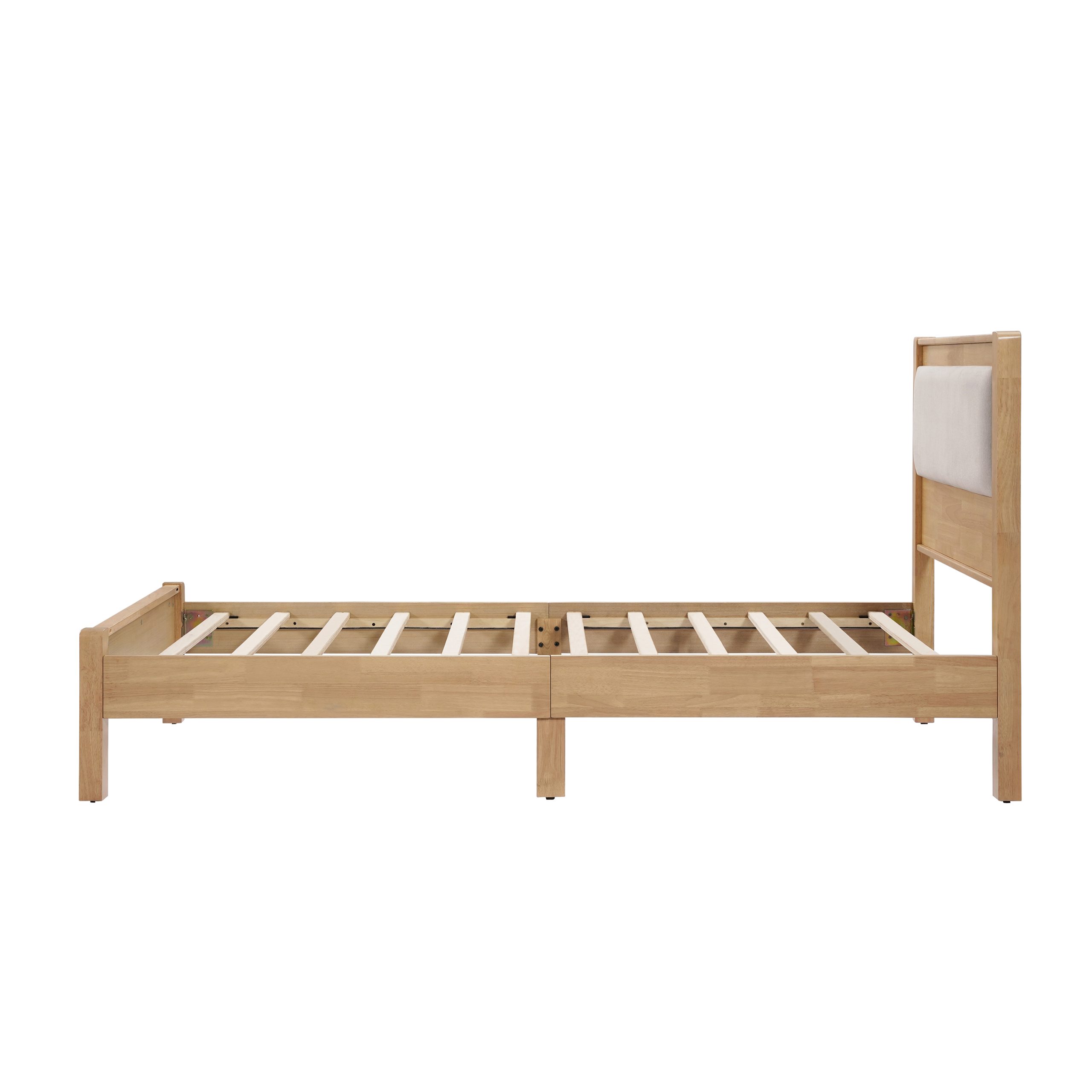 Twin Xl Size Solid Rubber Wooden Bed With Upholstered Headboard