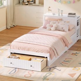 Twin Wood Bed Frame with wide Headboard, Footboard Drawers & Side Shelves
