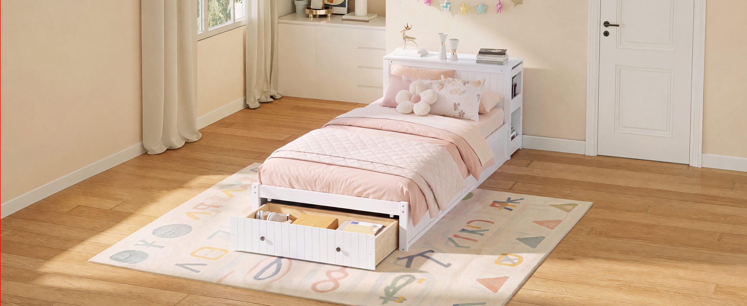 Twin Wood Bed Frame with wide Headboard, Footboard Drawers & Side Shelves