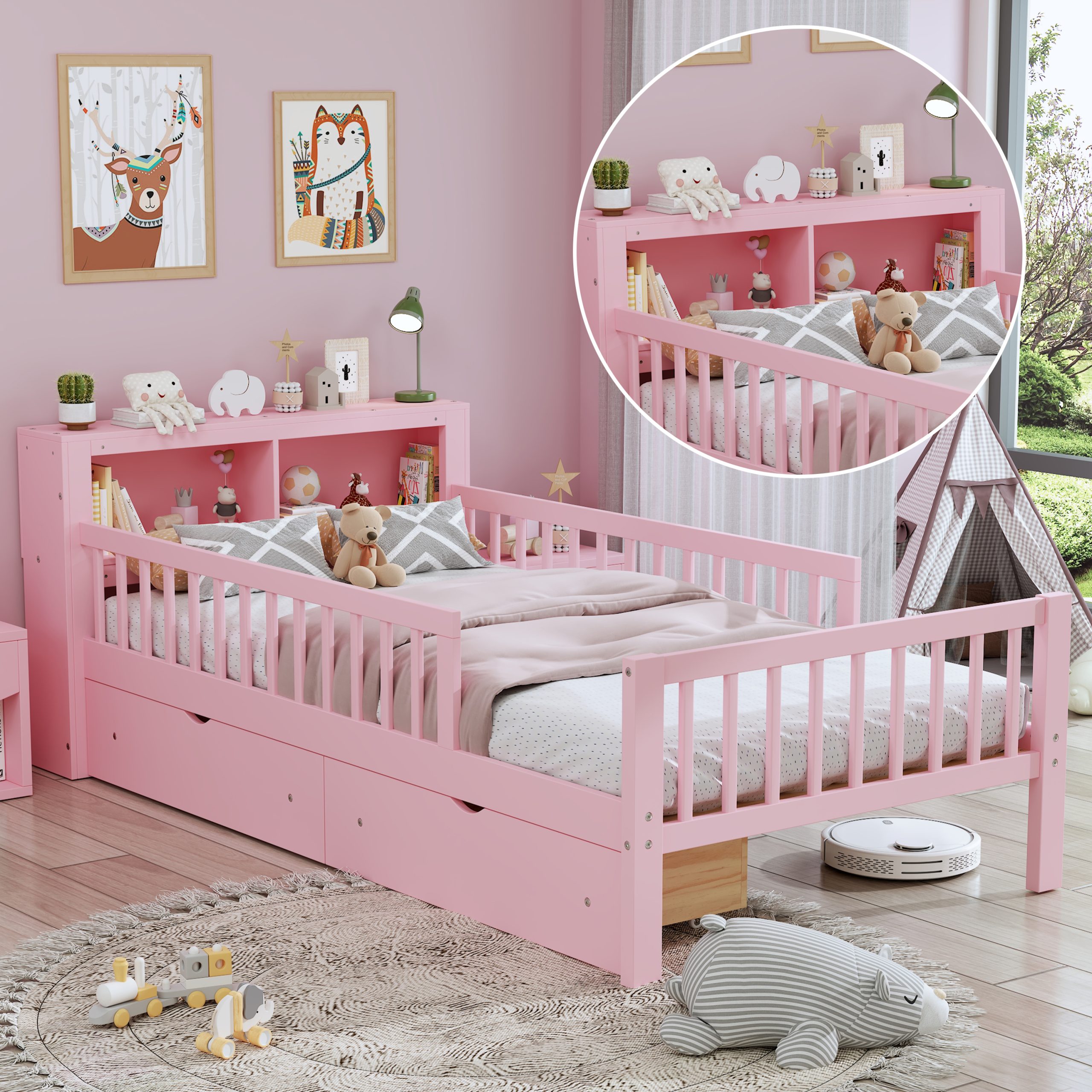 Twin Size Bed with Headboard Storage Rack, Two Under-Bed Drawers, Three-Side Guardrails for Safety and Securit
