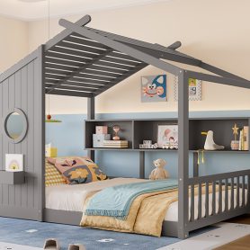 Full Size Floor House Bed for Toddler, Kids