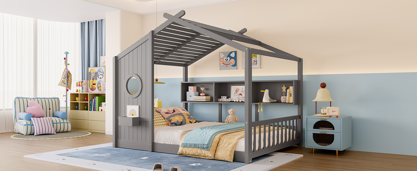 Full Size Floor House Bed for Toddler, Kids
