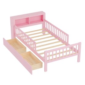 Twin Size Bed with Headboard Storage Rack, Two Under-Bed Drawers, Three-Side Guardrails for Safety and Securit