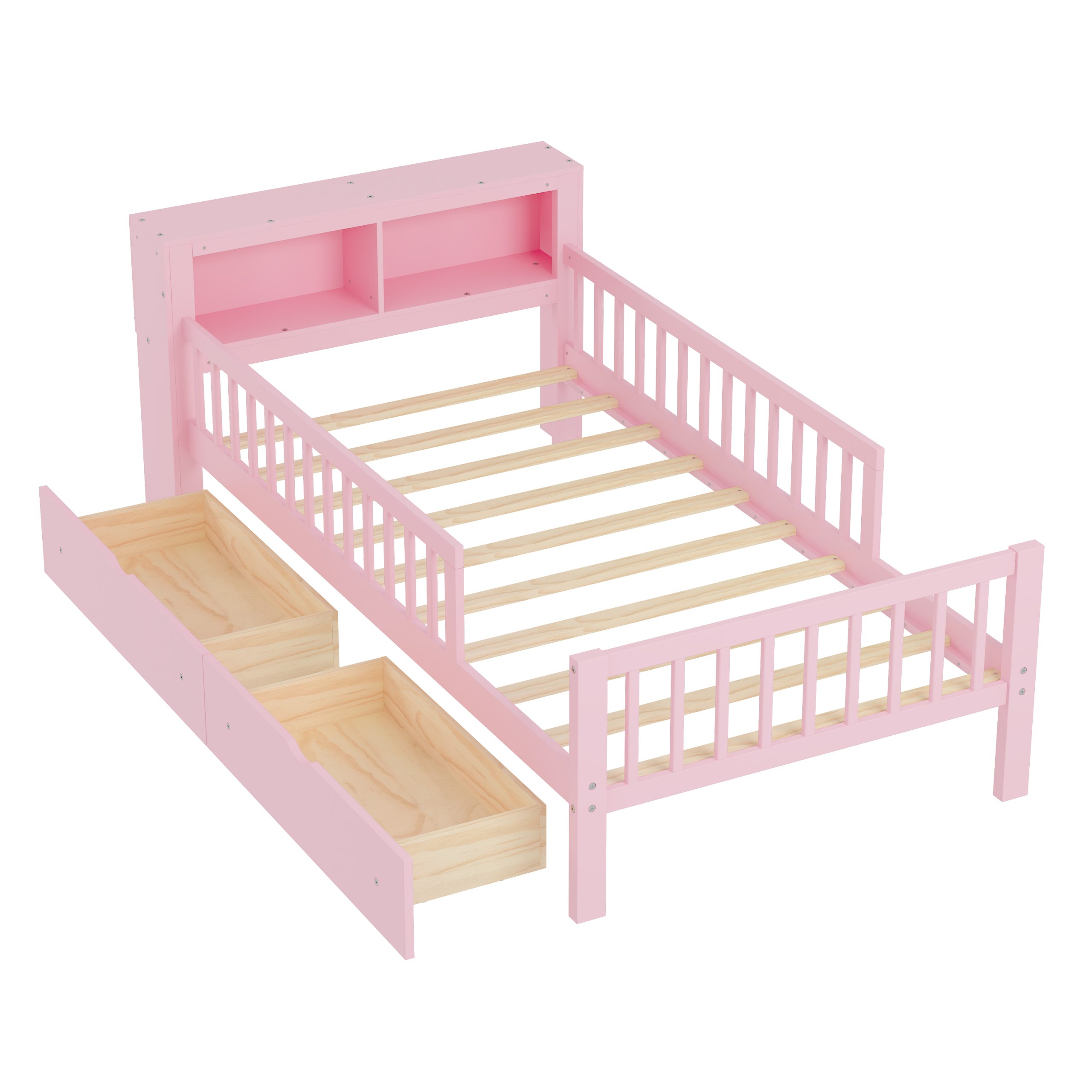 Twin Size Bed with Headboard Storage Rack, Two Under-Bed Drawers, Three-Side Guardrails for Safety and Securit
