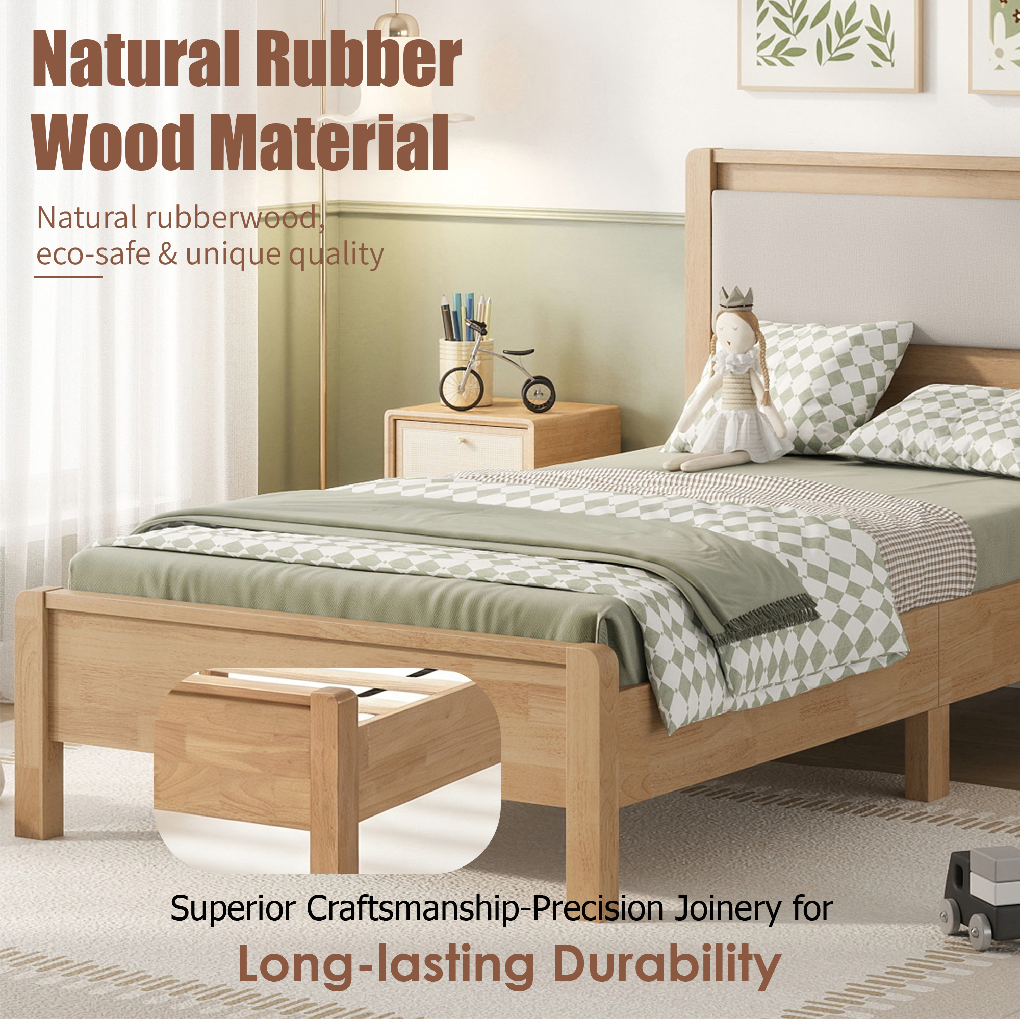 Twin Xl Size Solid Rubber Wooden Bed With Upholstered Headboard
