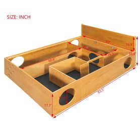Queen Wood Platform Bed with Removable Headboard, Under-Bed Pet Maze & Private Space, Decorative Footboard, Detachable Slats