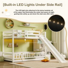 Twin Over Twin Bunk Bed With Slide, Storage Staircase, Bedside Storage Rack, LED Lights