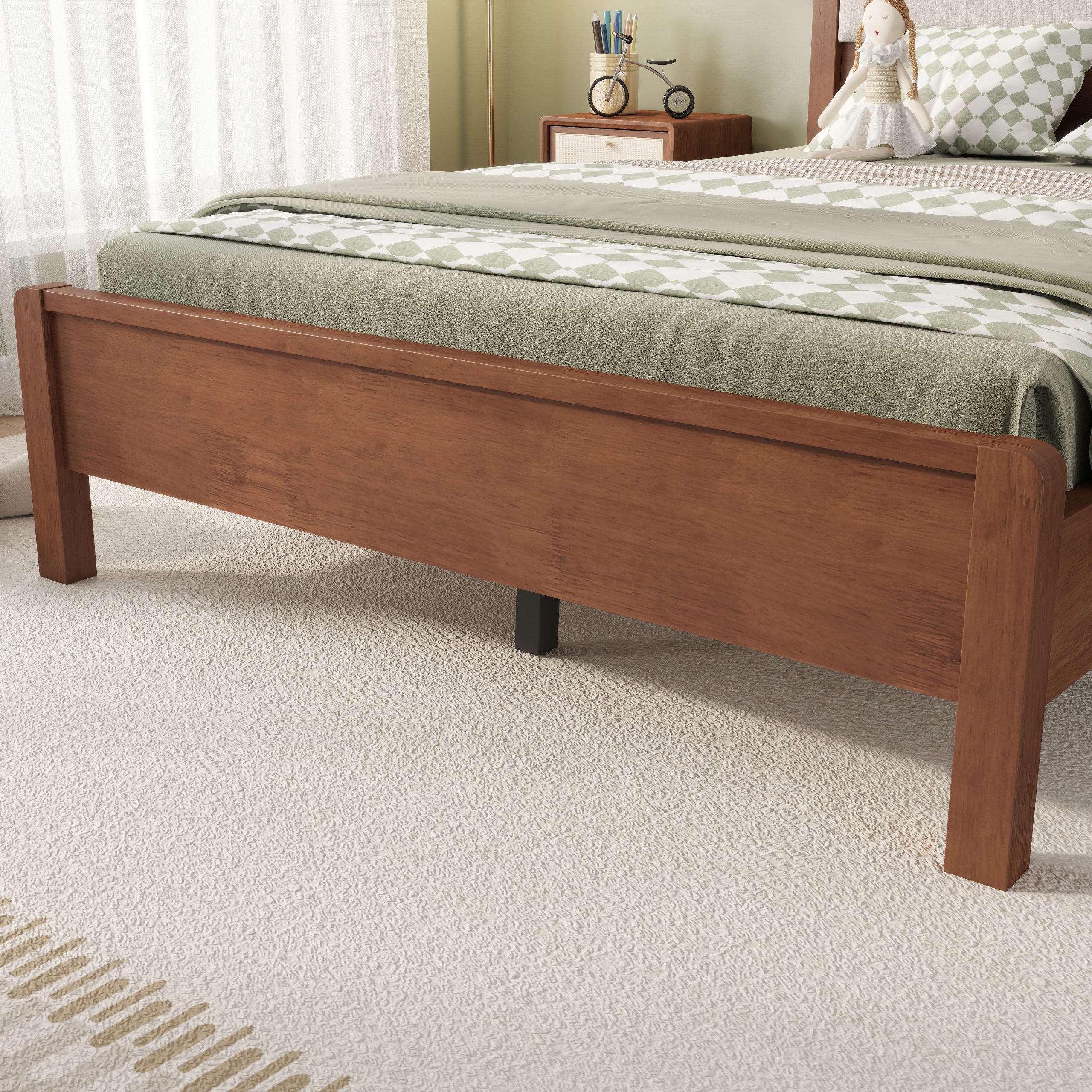 Full Size Solid Rubber Wooden Bed With Upholstered Headboard