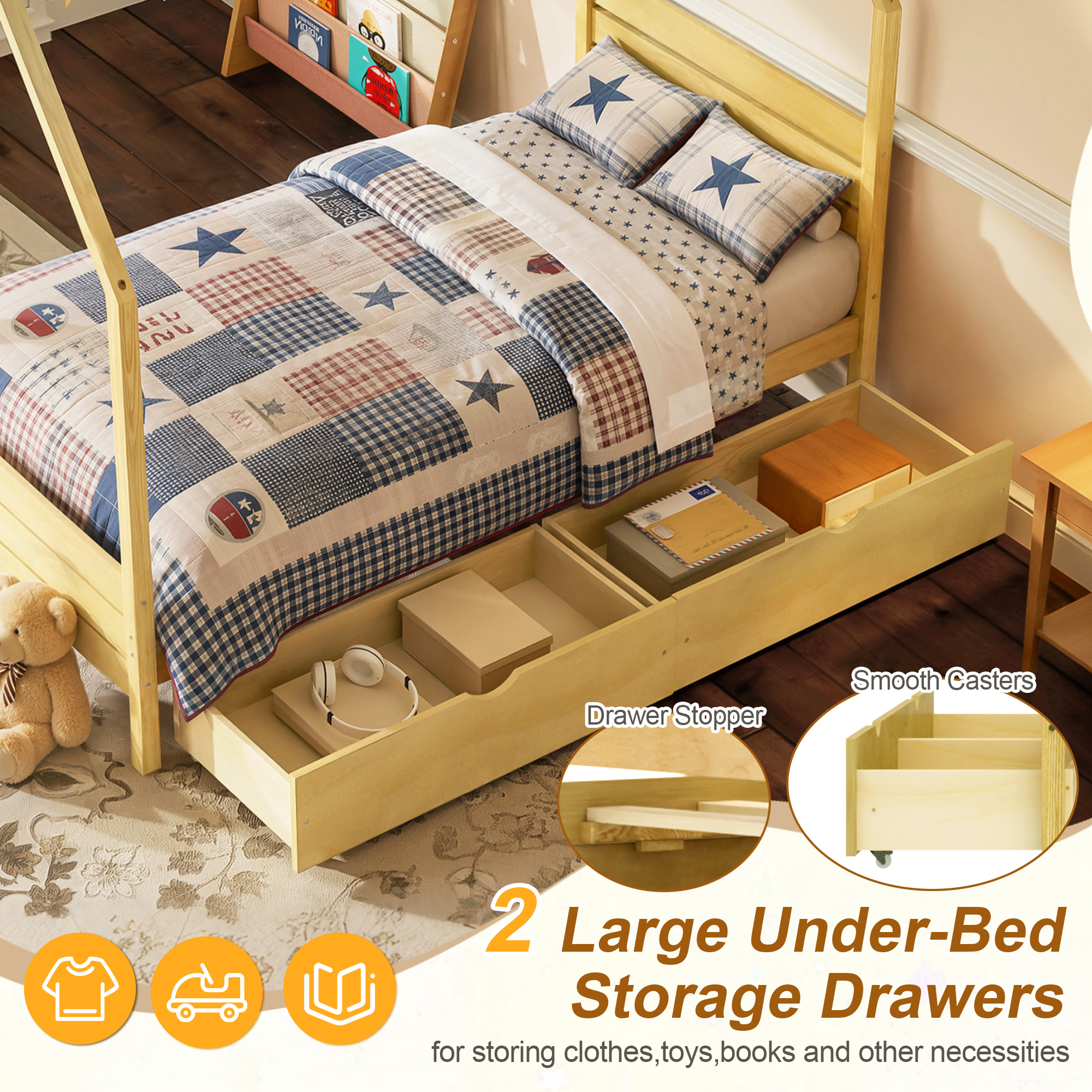 Wood House Shape Twin Montessori Bed with 2 Storage Drawers