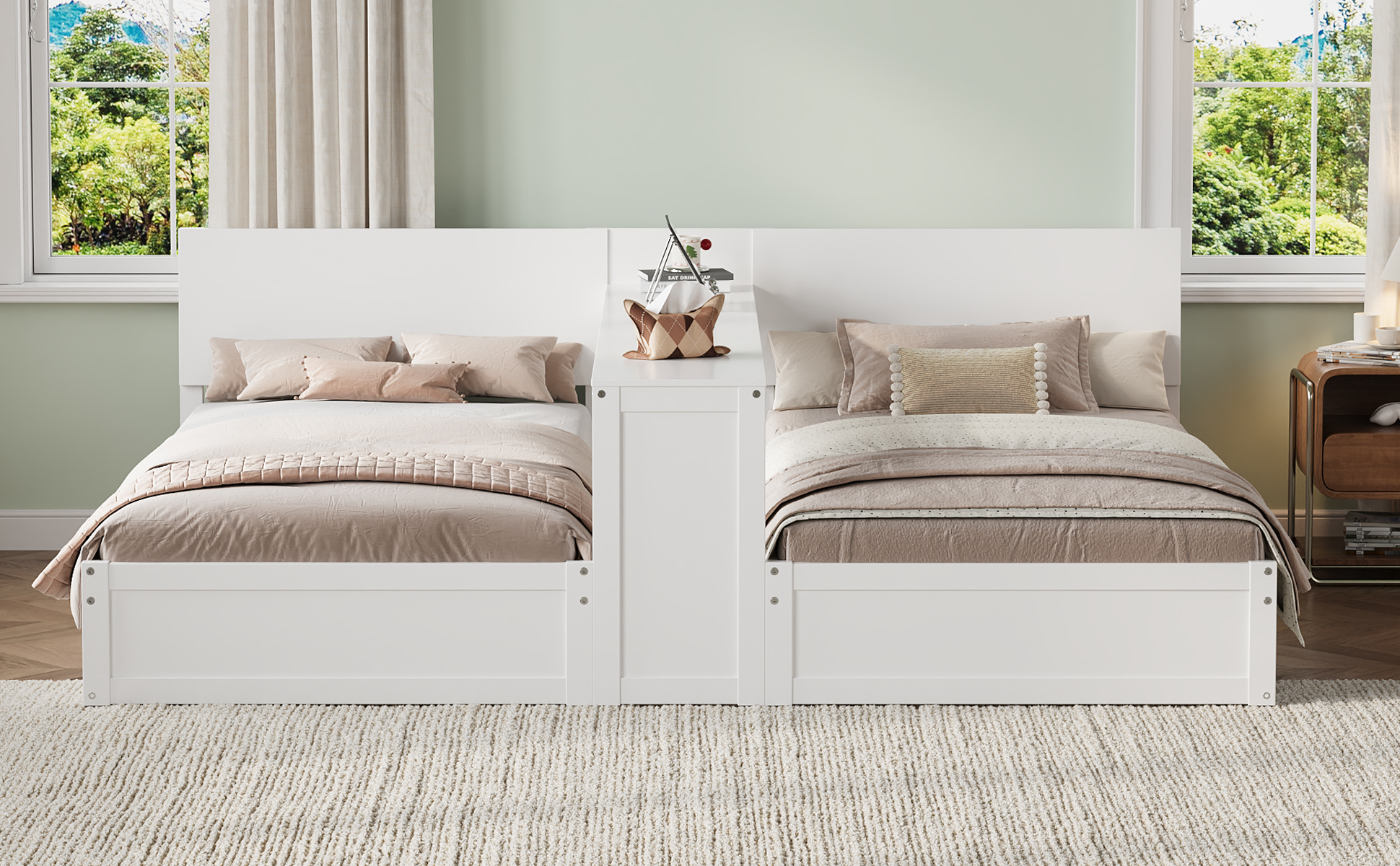 Twin Platform Bed Frame Set with Adjustable Storage Desk