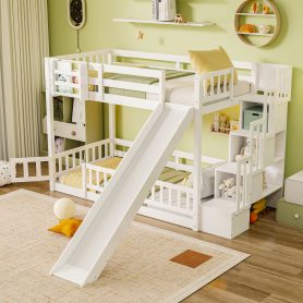 Twin Over Twin Bunk Bed With Slide, Storage Staircase, Bedside Storage Rack, LED Lights