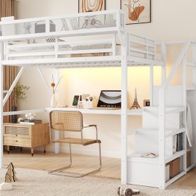 Metal Full Loft Bed With Desk, Charging Station, Stairs And Light
