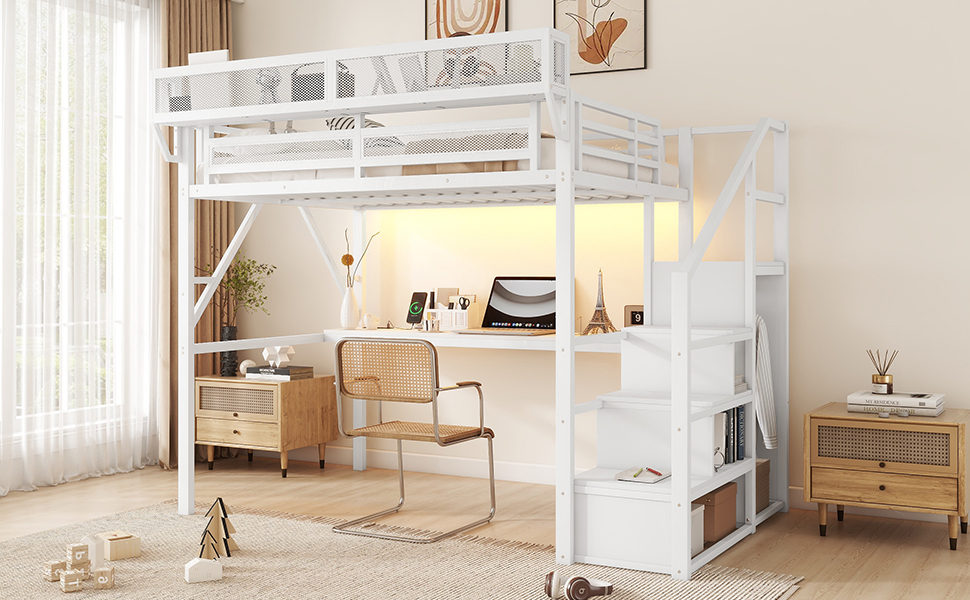 Metal Full Loft Bed With Desk, Charging Station, Stairs And Light