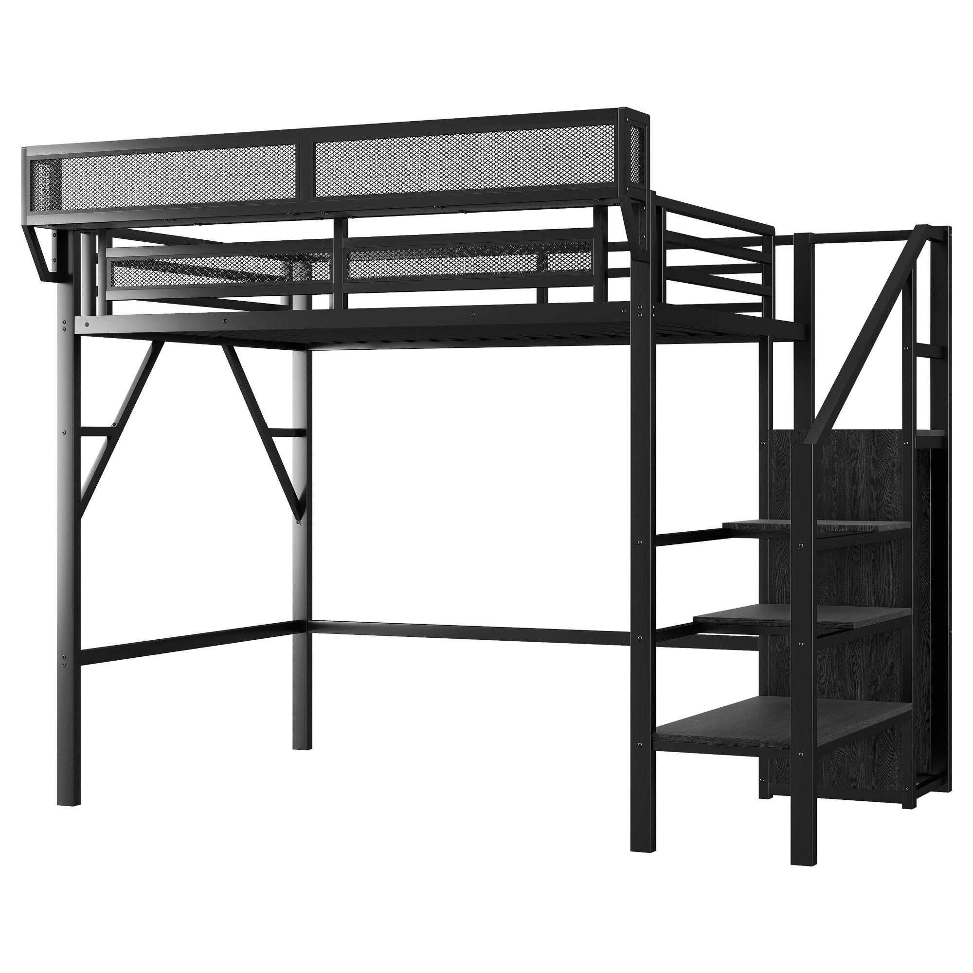 Metal Twin Xl Size Loft Bed With Stairs, Storage Shelves and Wardrobe