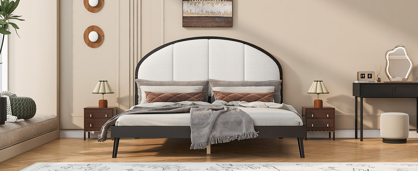 Queen Size Upholstered Platform Bed Frame With Linen Headboard